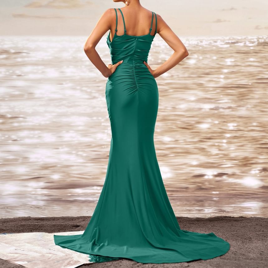 Trained Strap Spaghetti Ruched Slit Plain Gown Mermaid Evening