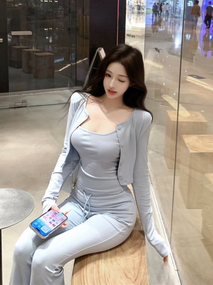 Crop Top Waist Drawstring Crew Camisole Scoop Cardigan Button-Up Plain Pants Flared Neck /