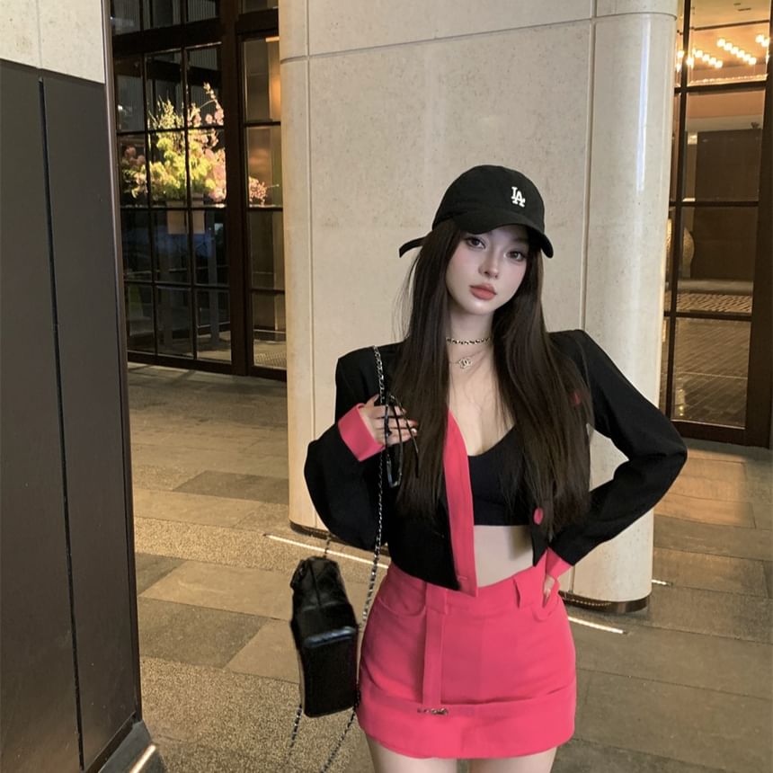 Tone Notch Lapel / Waist Designs) Two-Piece (Various Two Mini Pencil Skirt Mock Blazer High Plain