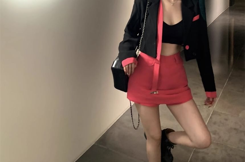 Tone Notch Lapel / Waist Designs) Two-Piece (Various Two Mini Pencil Skirt Mock Blazer High Plain