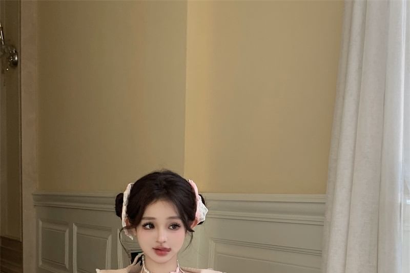 Half Neck Set Rise Accent Tiered Mock Bow Crop Plain / Apron Top High Trim Long-Sleeve Skirt Two-Piece Knit Lace Halter A-Line Mini