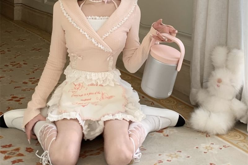 Half Neck Set Rise Accent Tiered Mock Bow Crop Plain / Apron Top High Trim Long-Sleeve Skirt Two-Piece Knit Lace Halter A-Line Mini