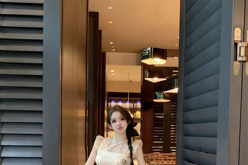 Collar Pants Buttoned Plain Embroidered Top Tube Cap-Sleeve Floral / Leg Frog Crop Wide Rise Slit Stand Set High