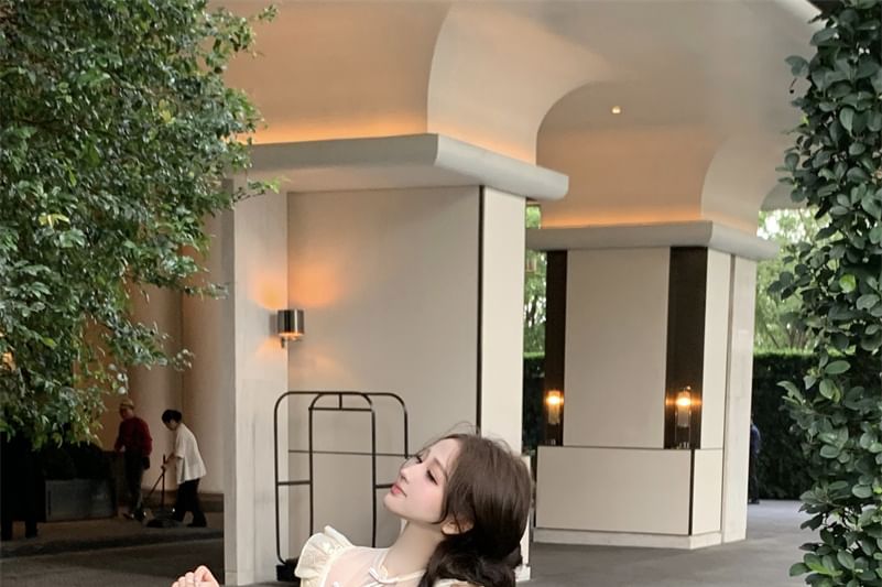 Collar Pants Buttoned Plain Embroidered Top Tube Cap-Sleeve Floral / Leg Frog Crop Wide Rise Slit Stand Set High