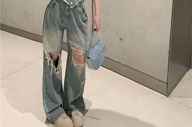 Denim Fit Button-Up / High Washed Rise Ripped Tube Crop Jeans Loose Top Frayed
