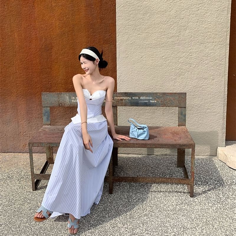 High Neckline A-Line Two-Piece / Maxi Waist Striped Sweetheart Cutout Mock Top Camisole Crop Skirt