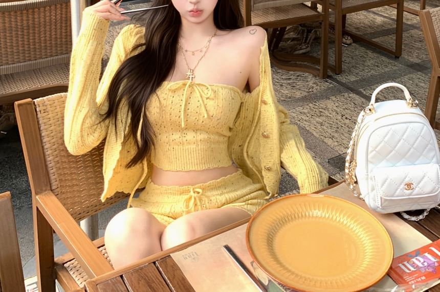 Cardigan Tube Hot Drawstring Pants Waist Speckle Crop Top Perforated / Knit Tie Front