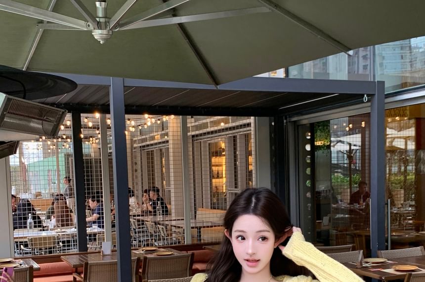 Cardigan Tube Hot Drawstring Pants Waist Speckle Crop Top Perforated / Knit Tie Front