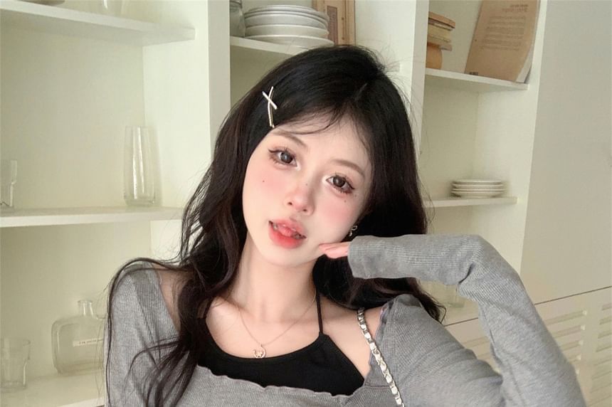 High Long-Sleeve T-Shirt A-Line Bow / Mini Plain Neck Accent Skort Top Waist Asymmetrical Crop Set Halter