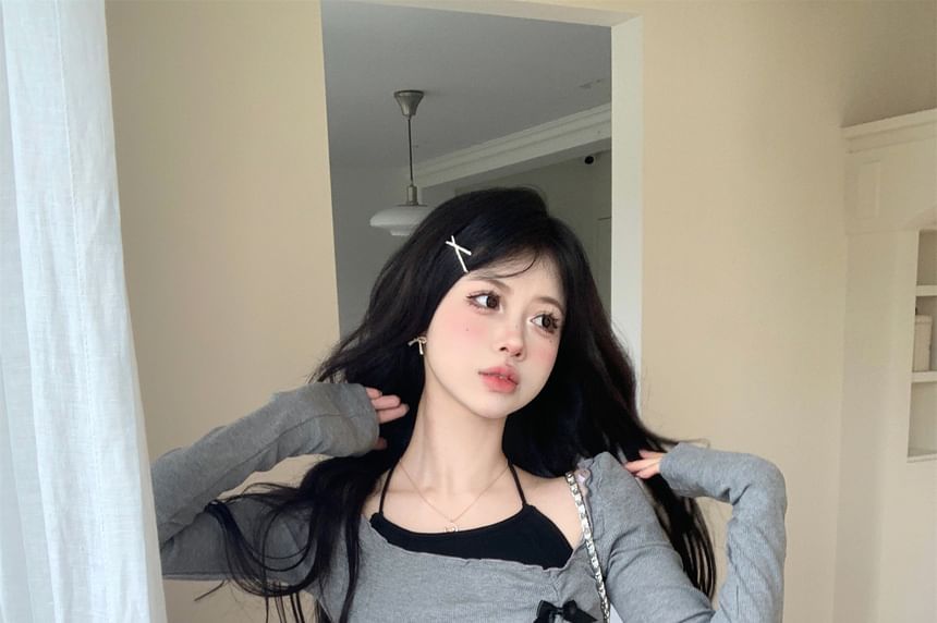 High Long-Sleeve T-Shirt A-Line Bow / Mini Plain Neck Accent Skort Top Waist Asymmetrical Crop Set Halter