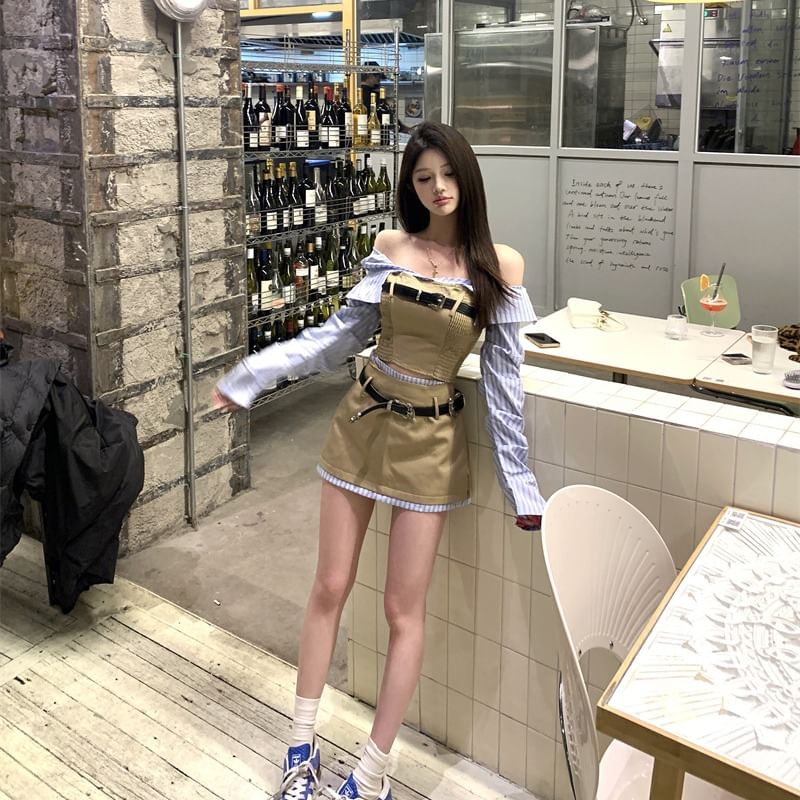 A-Line Panel Smocked Striped Two-Piece Waist Off-Shoulder Crop Blouse Long-Sleeve Belt Mini High Set Skirt Mock /