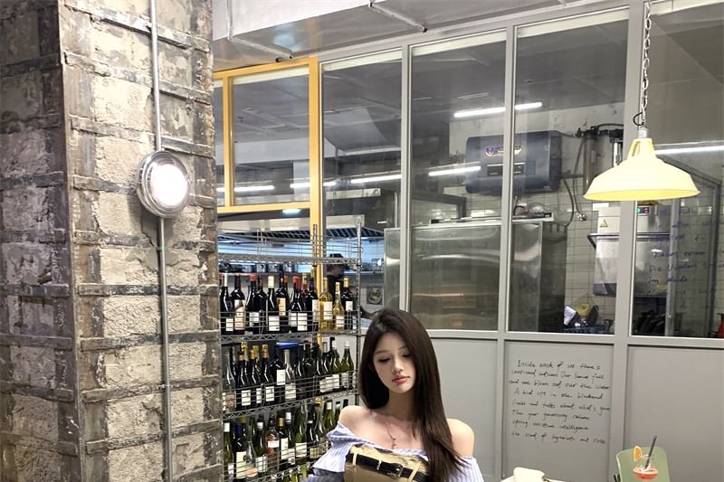 A-Line Panel Smocked Striped Two-Piece Waist Off-Shoulder Crop Blouse Long-Sleeve Belt Mini High Set Skirt Mock /