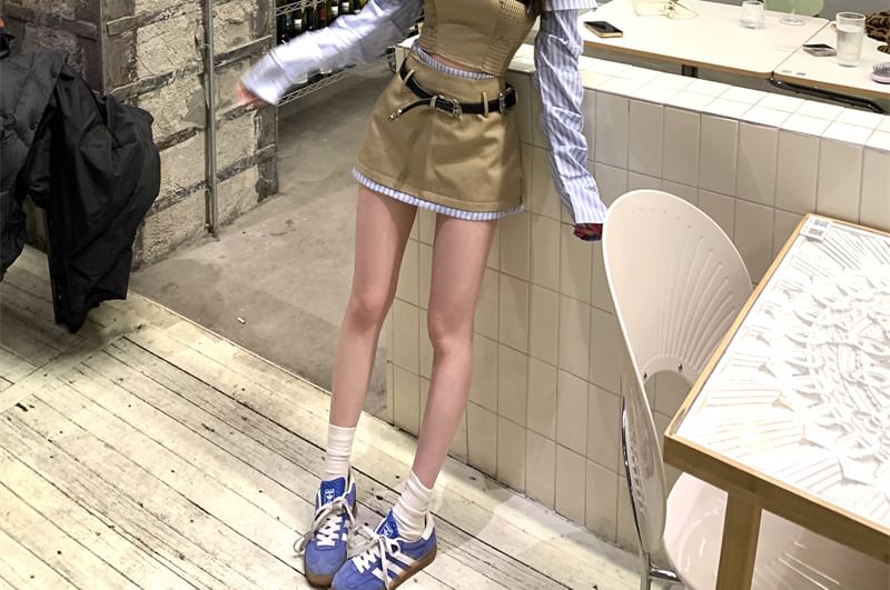 A-Line Panel Smocked Striped Two-Piece Waist Off-Shoulder Crop Blouse Long-Sleeve Belt Mini High Set Skirt Mock /