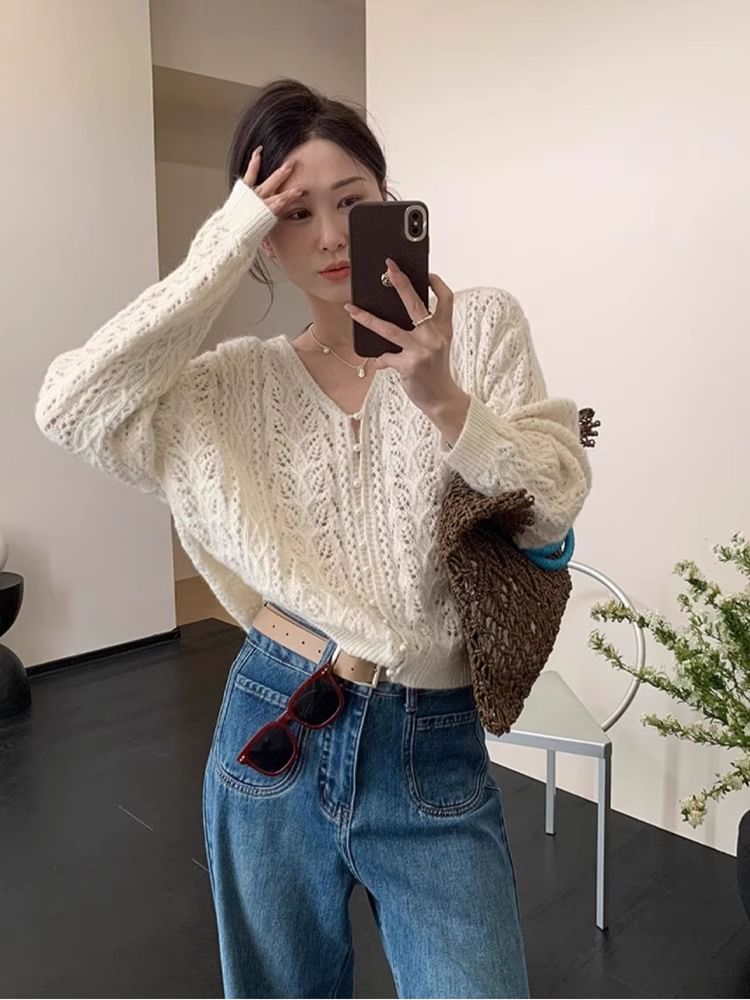 V-Neck Plain Knit Button Cardigan Faux Pearl Pointelle