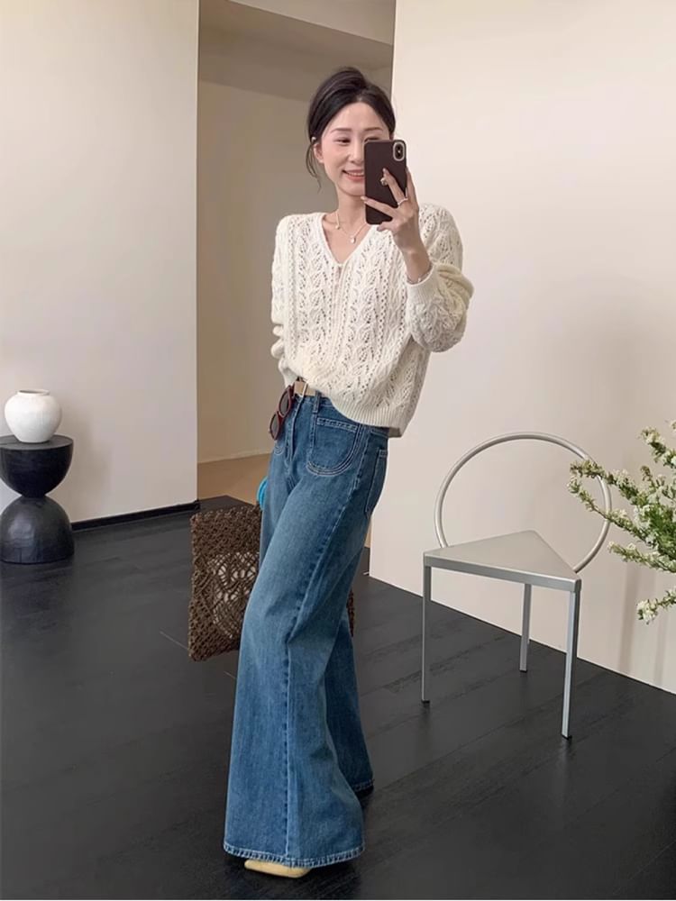 V-Neck Plain Knit Button Cardigan Faux Pearl Pointelle