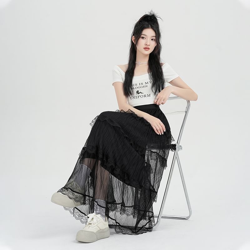 A-Line Plain High Skirt Waist Lace Midi Tiered