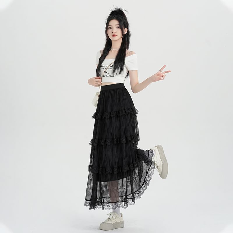 A-Line Plain High Skirt Waist Lace Midi Tiered