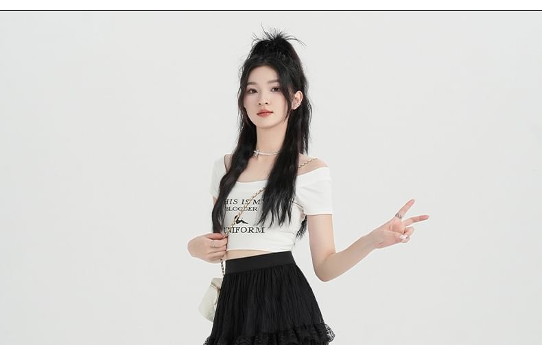 A-Line Plain High Skirt Waist Lace Midi Tiered