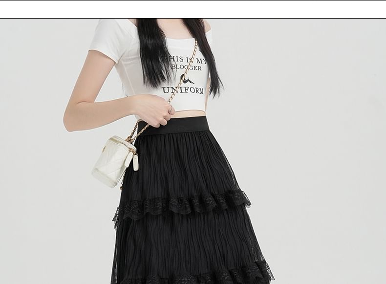 A-Line Plain High Skirt Waist Lace Midi Tiered