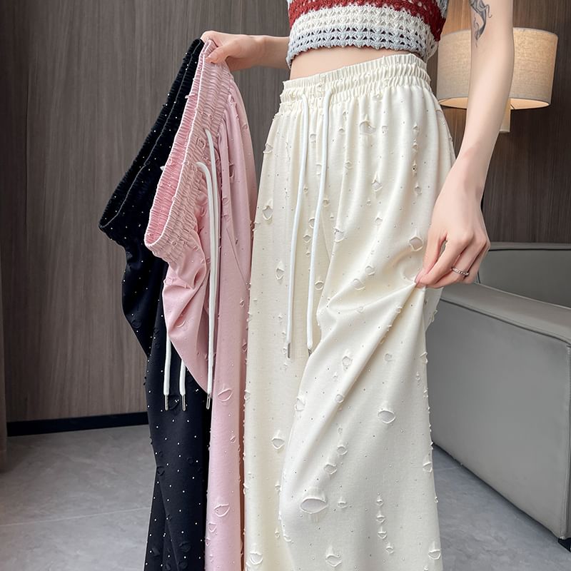 (Various Wide Designs) Waist Leg Drawstring Pants Distressed