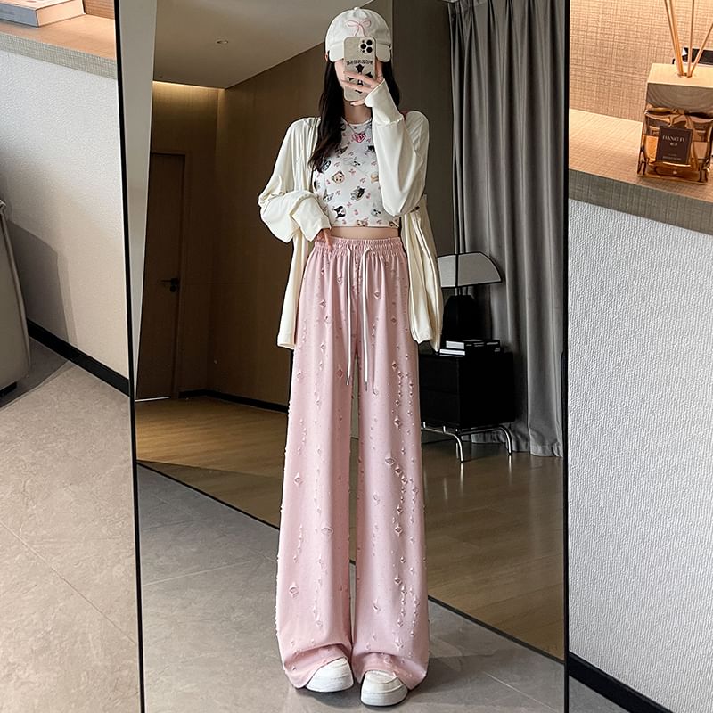 (Various Wide Designs) Waist Leg Drawstring Pants Distressed