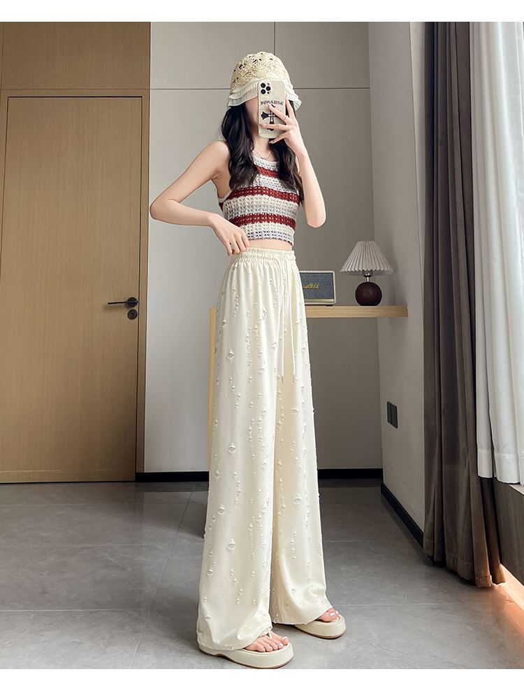 (Various Wide Designs) Waist Leg Drawstring Pants Distressed