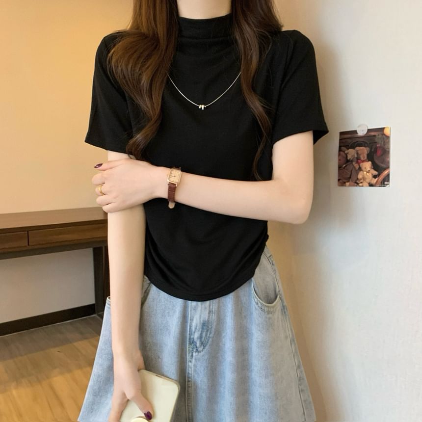 Ruched Neck Top Short-Sleeve Mock Knit Plain