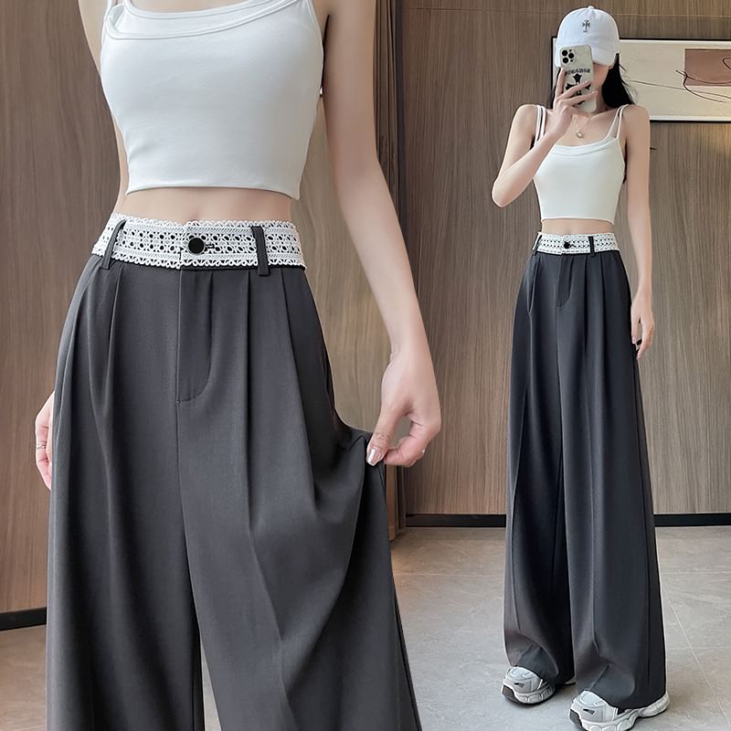 Panel Slacks Wide High Leg Lace Rise