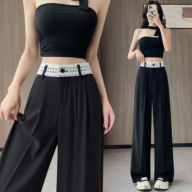 Panel Slacks Wide High Leg Lace Rise
