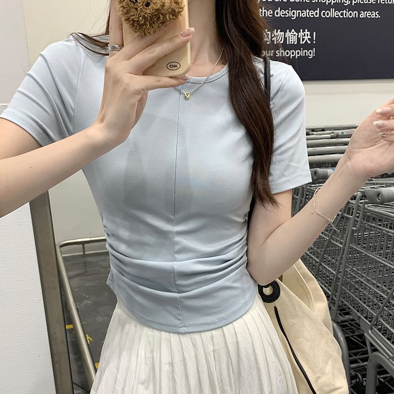 Short-Sleeve Round Ruched T-Shirt Half-Zip Slim Fit Neck