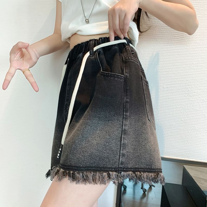 Waist Washed Fringed Drawstring Shorts Denim