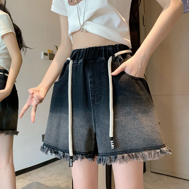 Waist Washed Fringed Drawstring Shorts Denim