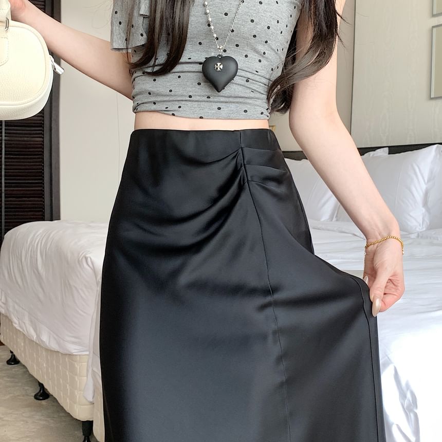 Waist Plain A-Line Ruched Midi Skirt High