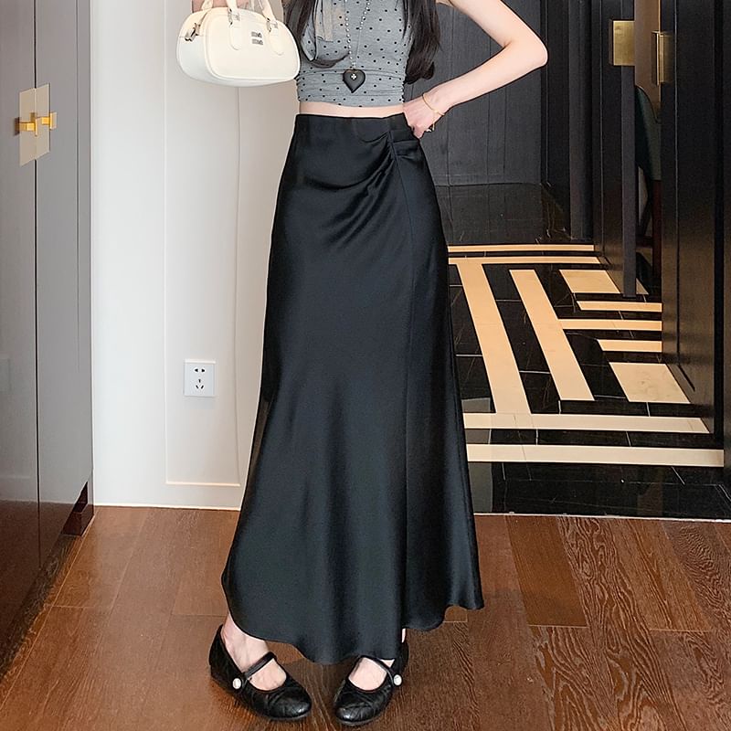 Waist Plain A-Line Ruched Midi Skirt High