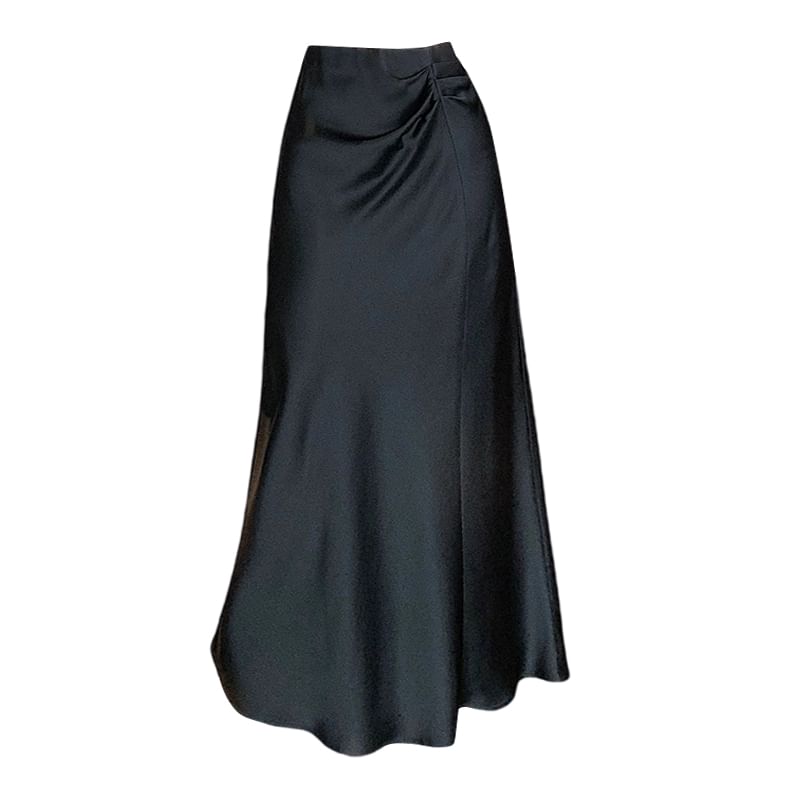 Waist Plain A-Line Ruched Midi Skirt High