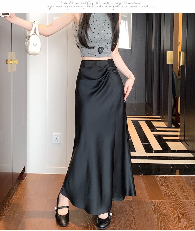 Waist Plain A-Line Ruched Midi Skirt High