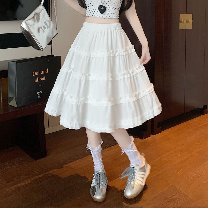 Tiered Skirt Trim A-Line Ruffle Elastic Waist Plain