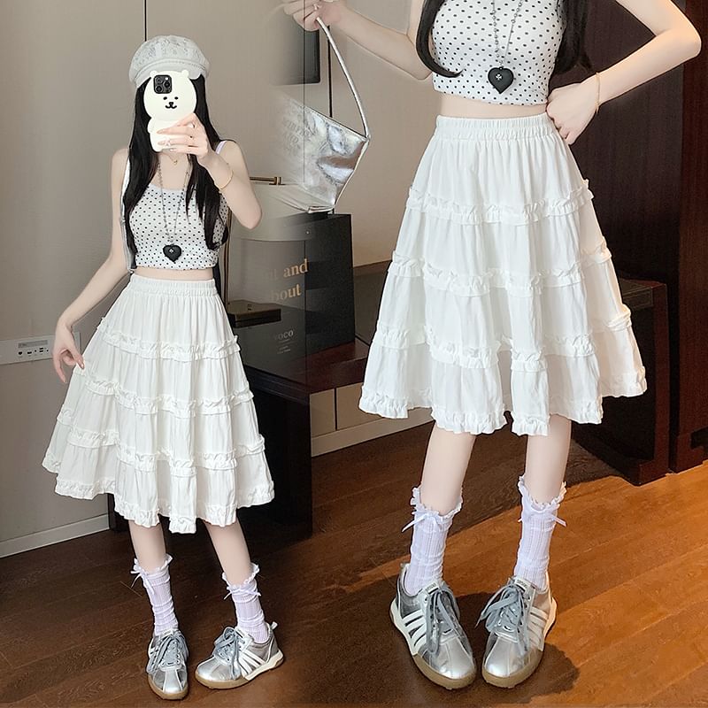 Tiered Skirt Trim A-Line Ruffle Elastic Waist Plain