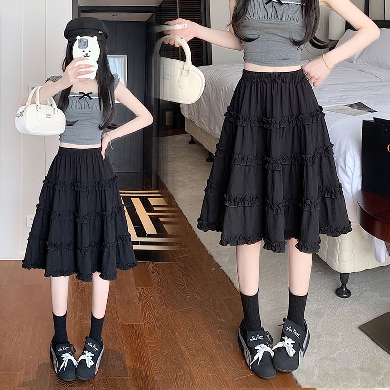 Tiered Skirt Trim A-Line Ruffle Elastic Waist Plain