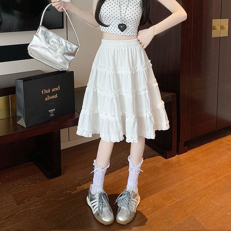 Tiered Skirt Trim A-Line Ruffle Elastic Waist Plain