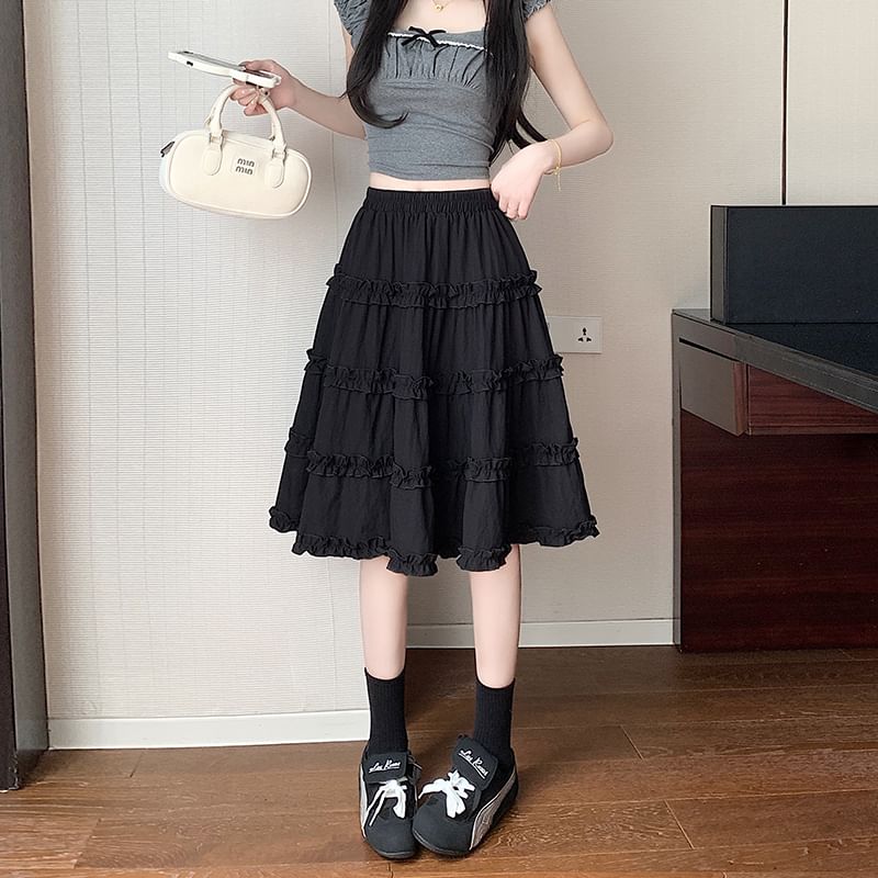 Tiered Skirt Trim A-Line Ruffle Elastic Waist Plain