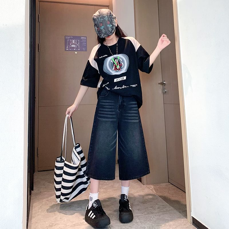 Leg Wide Waist Jeans High Capri Washed