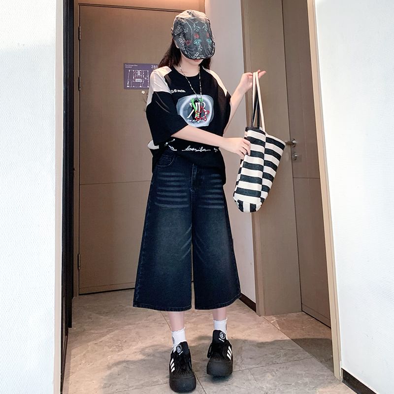 Leg Wide Waist Jeans High Capri Washed