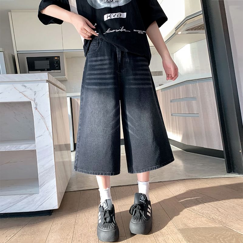 Leg Wide Waist Jeans High Capri Washed