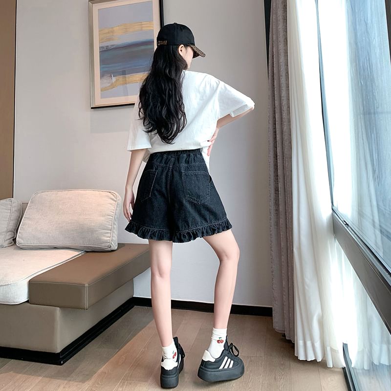 Trim Denim Shorts Waist Elastic Ruffle