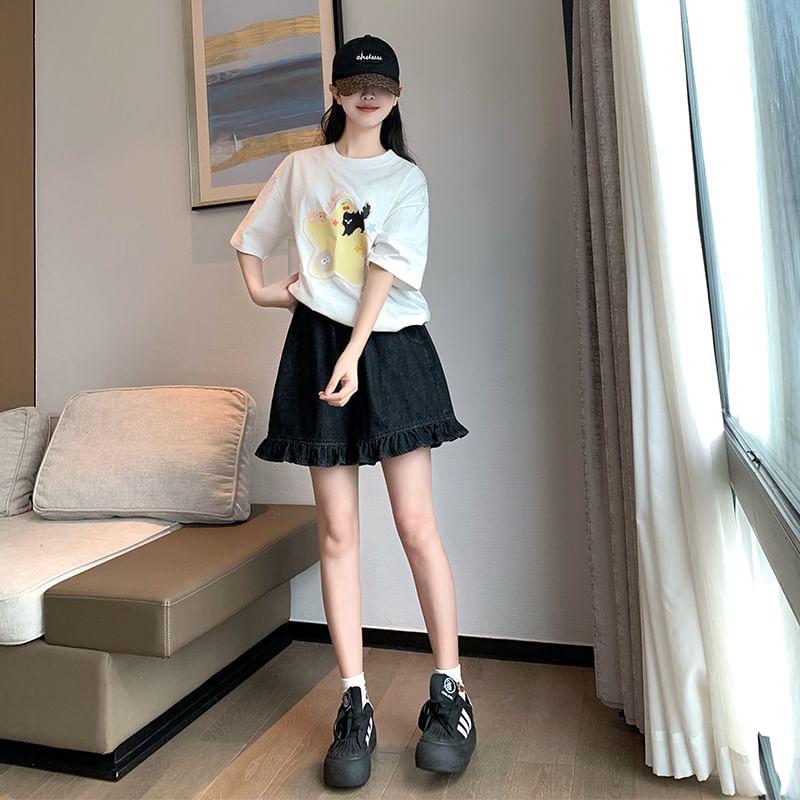 Trim Denim Shorts Waist Elastic Ruffle