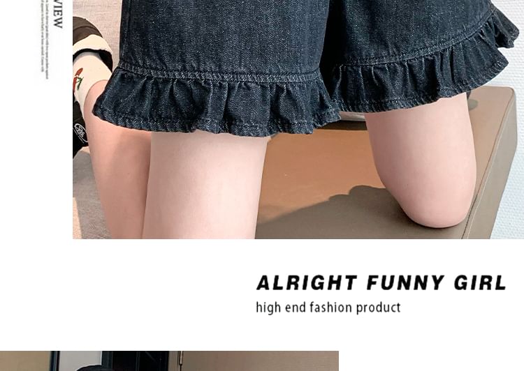 Trim Denim Shorts Waist Elastic Ruffle