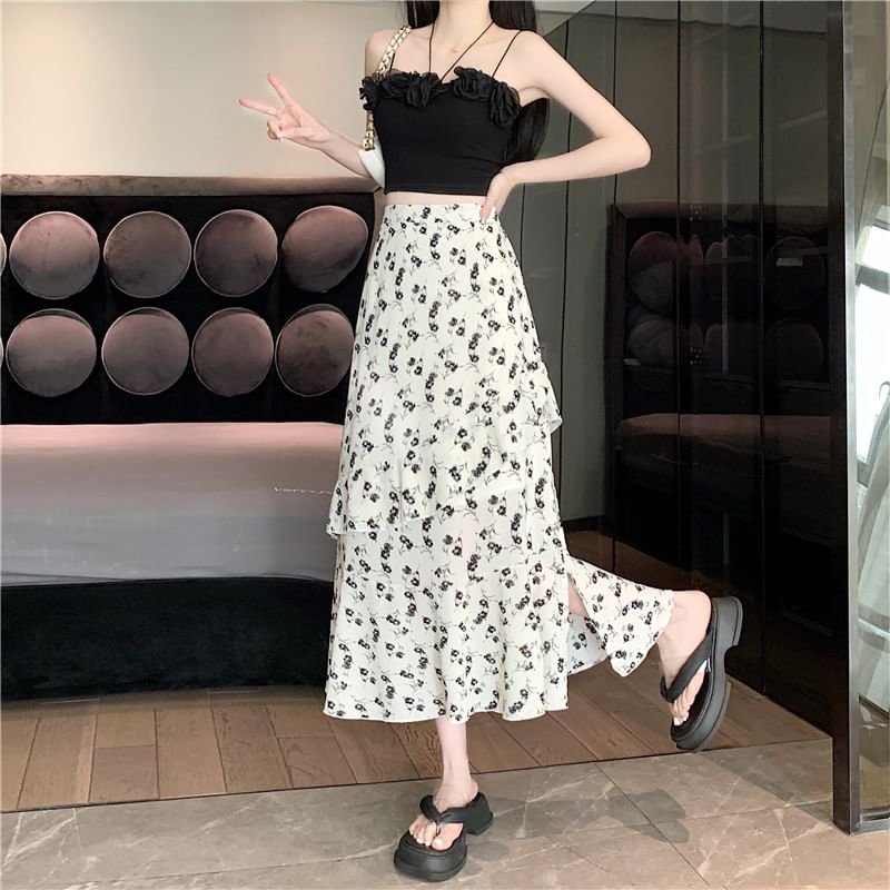 Tiered High Midi Rise Floral Slit A-Line Skirt