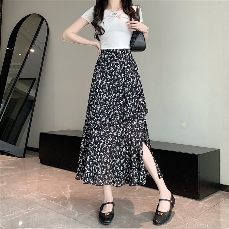 Tiered High Midi Rise Floral Slit A-Line Skirt