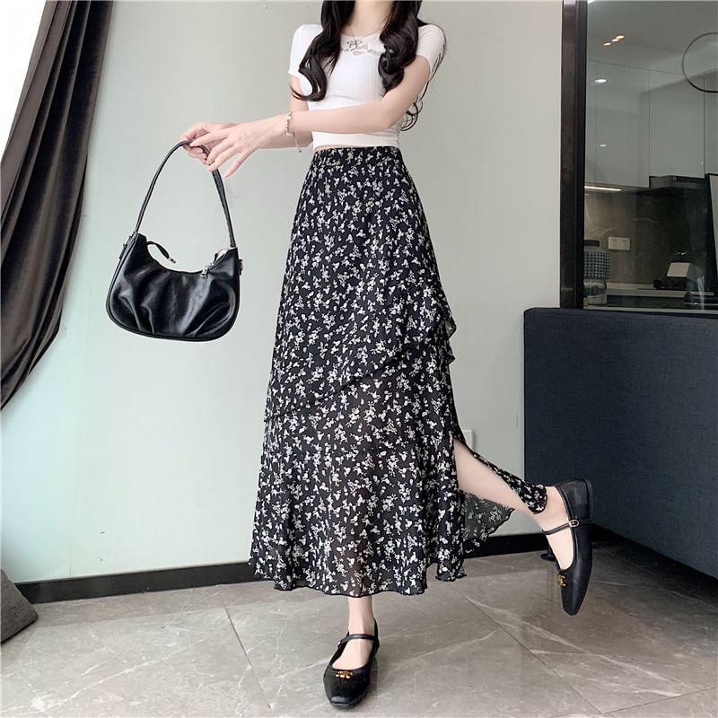 Tiered High Midi Rise Floral Slit A-Line Skirt